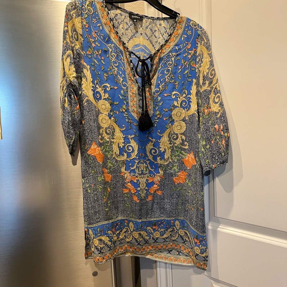 Tolani Blue and Gold Graphic Tie Front Tunic
